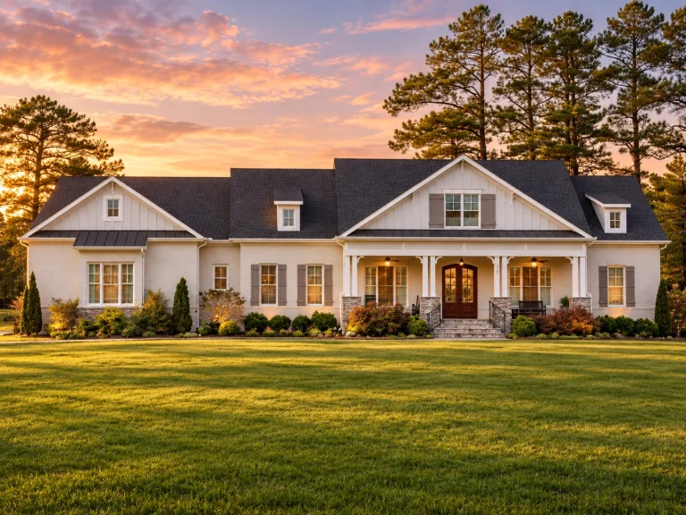Front elevation of a New American Modern Traditional ranch home with horizontal siding, stone porch columns, black shutters, and a welcoming covered entry