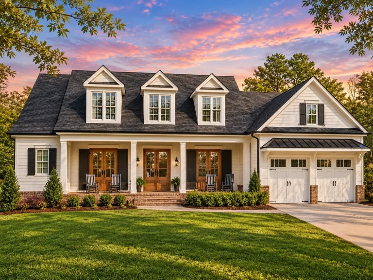 House Plans with Fireplace 13 Front elevation of a Southern Colonial style home with symmetrical facade, full-width covered porch, dormer windows, and classic lap siding exterior