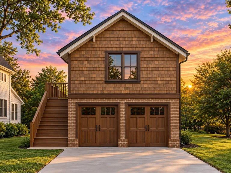 Front elevation of a Shingle Style carriage house garage apartment with cedar shake siding, brick base, and wood garage doors
