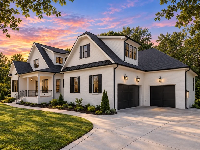 Front elevation of a Modern Farmhouse New American style home with white board and batten siding, black windows, gabled rooflines, and covered front porch