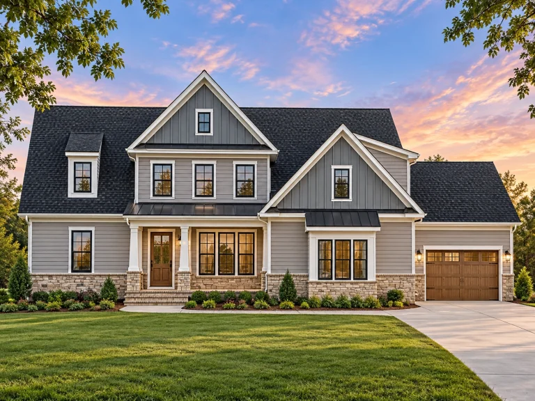 Conventional House Plans 13 Front elevation of a Modern Farmhouse style home with white board and batten siding, dark gable roof, symmetrical windows, and an attached garage