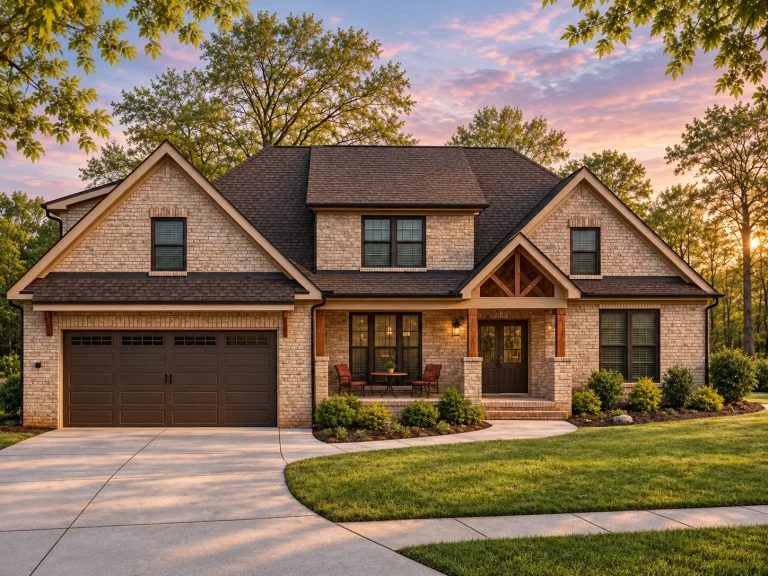 Front elevation of a New American Craftsman style home featuring brick exterior, stone accents, shake gables, and a covered front porch