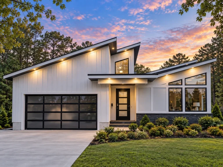 Conventional House Plans 1 Front elevation of a Modern Farmhouse style home featuring contemporary rooflines, board and batten siding, and expansive glass windows with warm exterior lighting