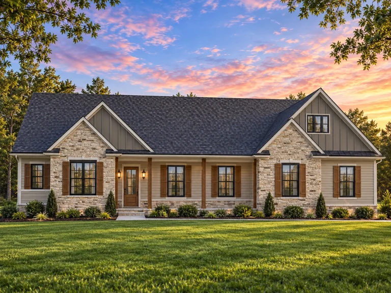 Front view of a Traditional Ranch style home featuring stone and horizontal siding, symmetrical windows, and classic gable rooflines surrounded by lush landscaping