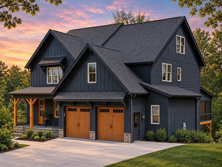 Front elevation of a two-story Modern Craftsman house with board and batten siding, stone accents, and double wood garage doors