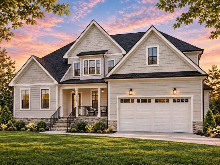 Front elevation of a New American Coastal Traditional house with horizontal siding, shingle gables, stone base, and covered front porch