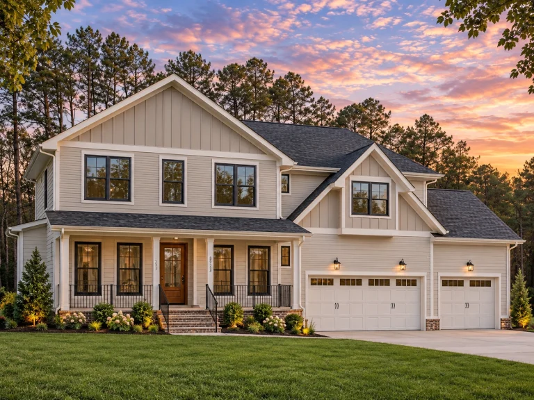 Mid-Size House Plans 9 Front view of a Modern Farmhouse style home featuring board and batten siding, stone accents, dark window trim, and a welcoming covered porch
