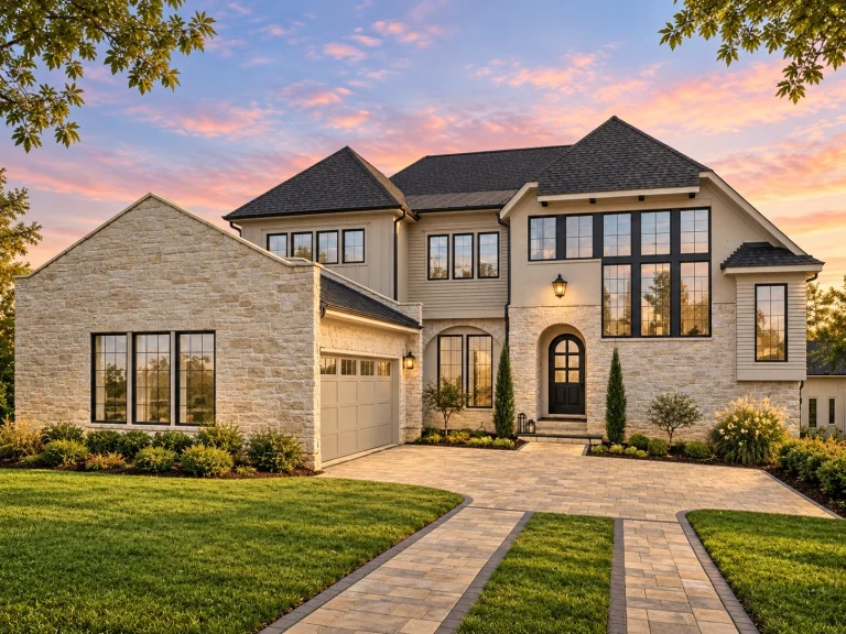 Triplex House Plans 15 Front exterior of a New American style luxury home with stone façade, tall vertical windows, arched entry, and modern traditional detailing