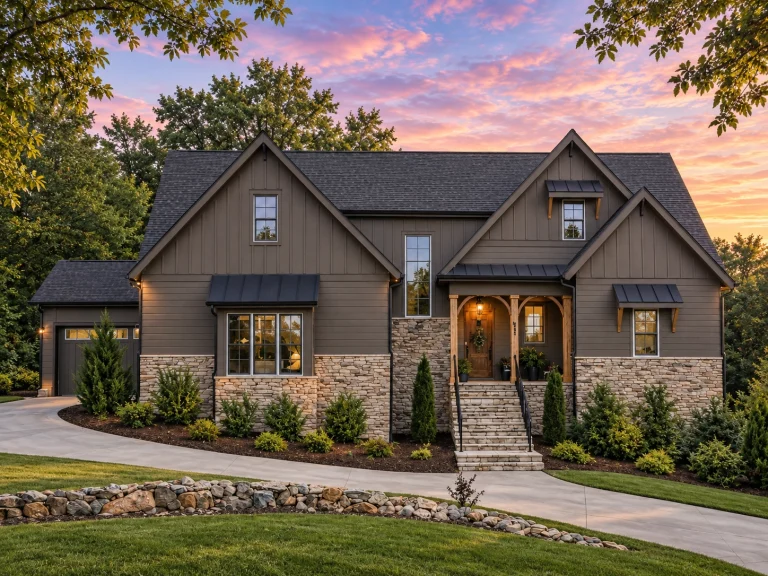 Front elevation of a Modern Craftsman house featuring board and batten siding, stone veneer base, metal awnings, and a covered entry porch