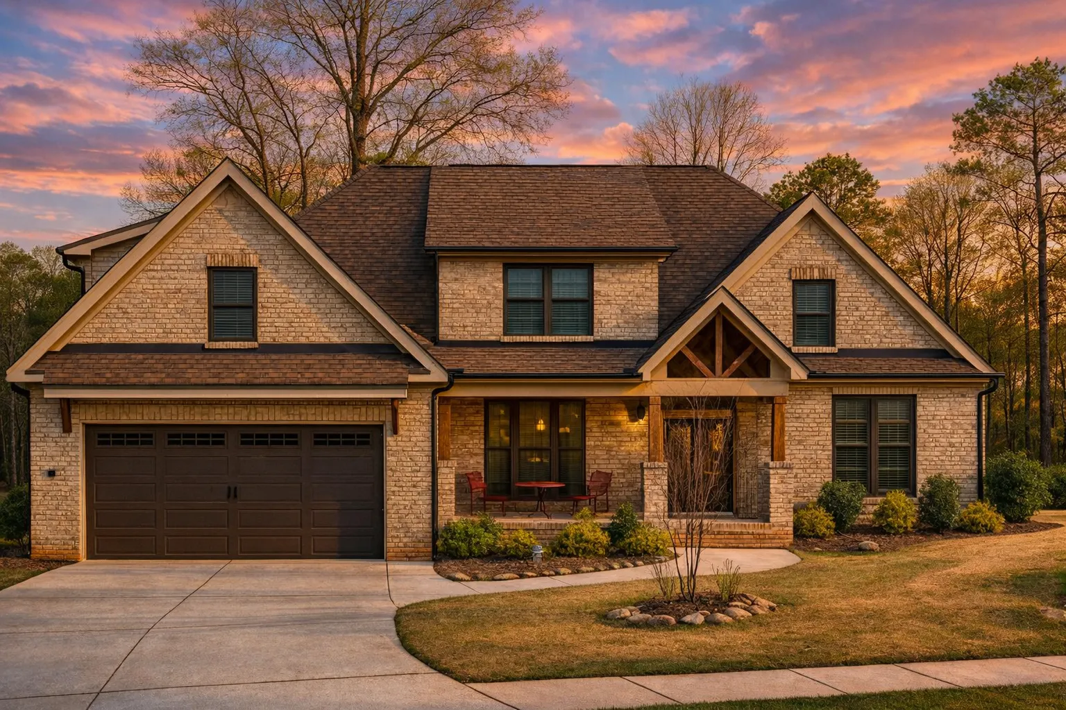 Front elevation of a New American Craftsman style home featuring brick exterior, stone accents, shake gables, and a covered front porch