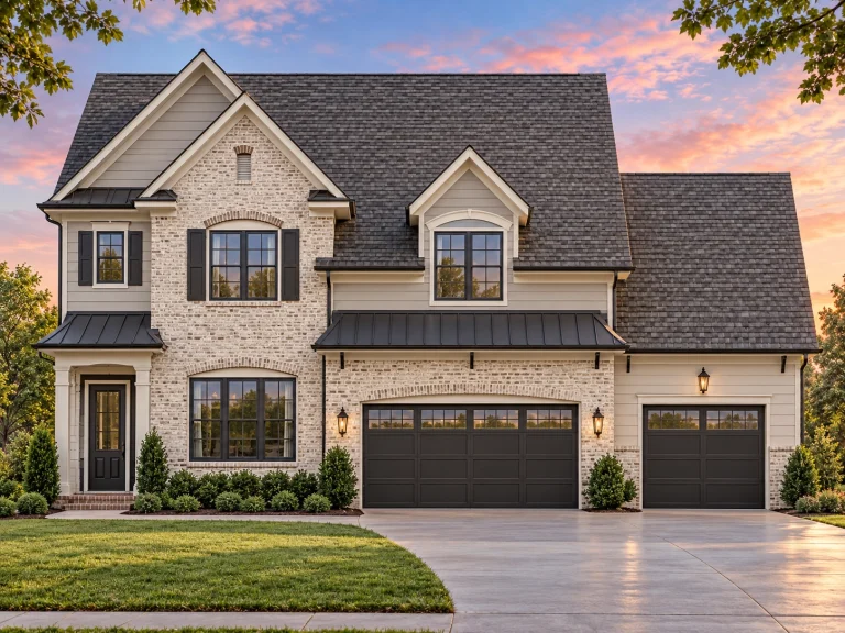 Barndominium House Plans 9 Front elevation of a Traditional Colonial style home featuring horizontal lap siding, stone wainscoting, and a welcoming covered entry with symmetrical windows and dormers.