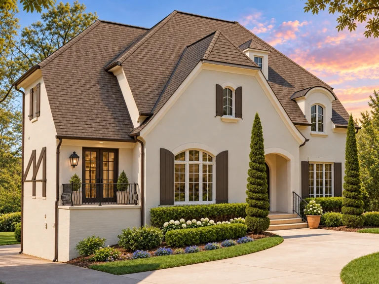 Front elevation of a French Country style home featuring smooth stucco exterior, steep hipped roof, arched windows, and refined European detailing