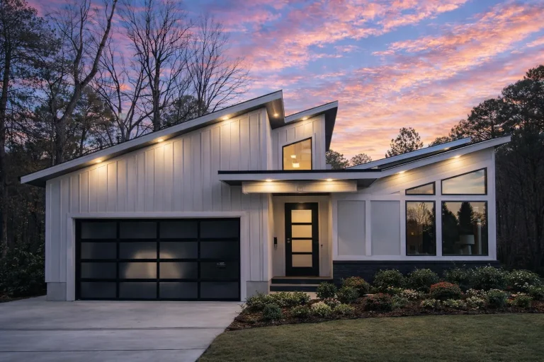 Front elevation of a Modern Farmhouse style home featuring contemporary rooflines, board and batten siding, and expansive glass windows with warm exterior lighting