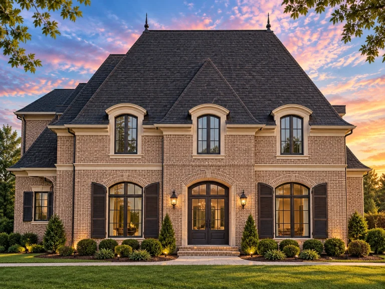 Garage Workshop Plans 3 Front elevation of a French Provincial style home featuring stucco exterior, steep hipped roof, arched windows, and classic European symmetry