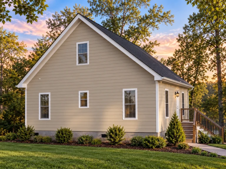 Affordable House Plans 3 Rear exterior view of an American Cottage style home with coastal influences, raised foundation, horizontal siding, and full-width elevated deck