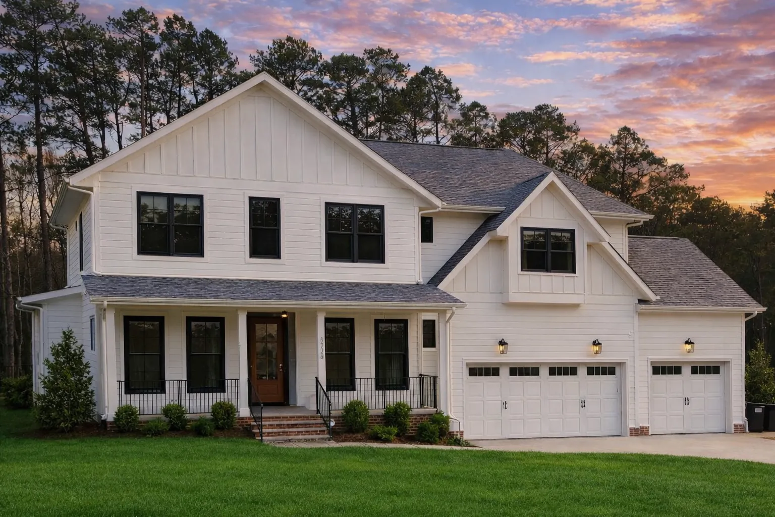 Front view of a Modern Farmhouse style home featuring board and batten siding, stone accents, dark window trim, and a welcoming covered porch