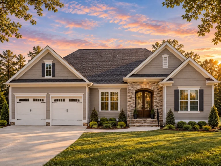 Southwestern House Plans 15 Front elevation of Traditional Ranch style home with horizontal lap siding, stone entry accent, and attached two-car garage
