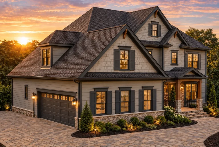 Courtyard House Plans 21 Front elevation of Coastal Traditional style home with white horizontal lap siding, brick foundation accents, gabled rooflines, and double garage