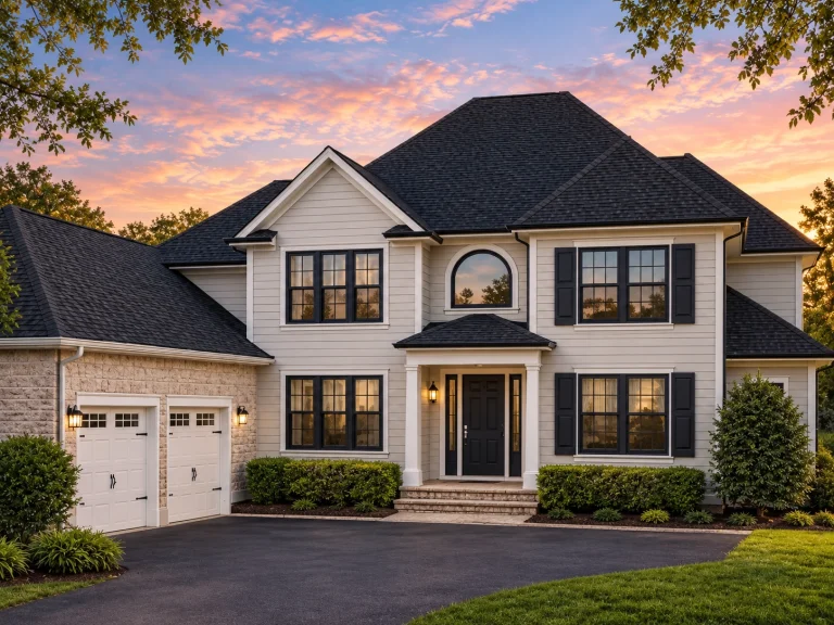 3 Bedroom House Plans 19 Front elevation of a New American Modern Traditional house featuring horizontal siding, stone accents, symmetrical windows, and a centered covered entry