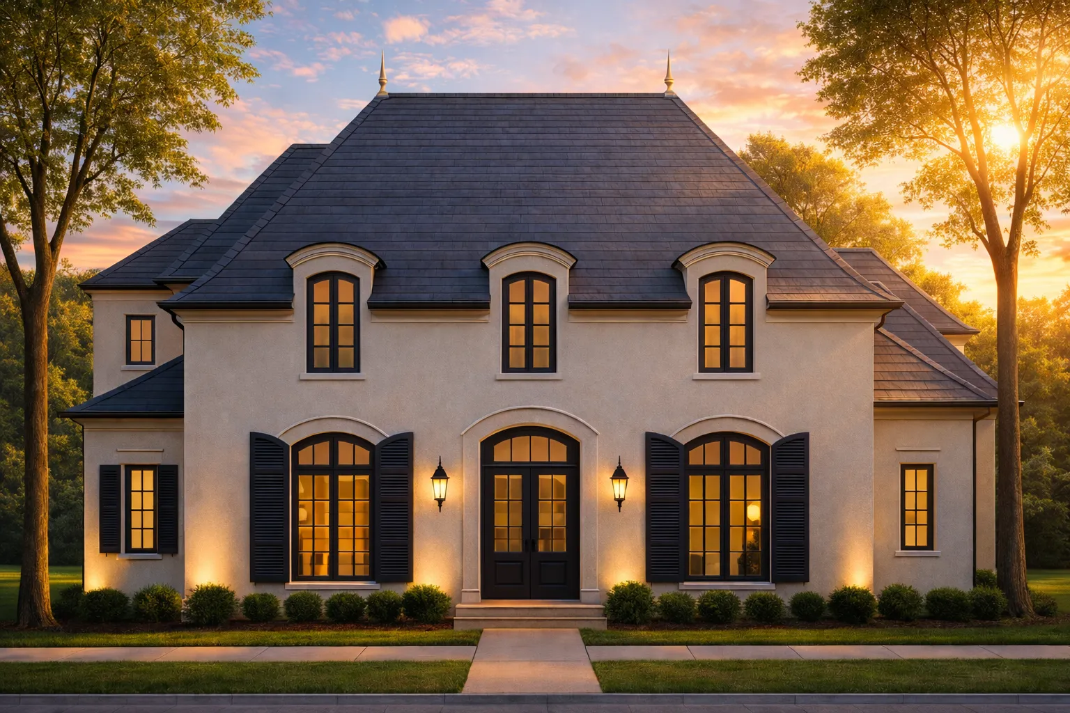 Front elevation of a French Provincial style home featuring stucco exterior, steep hipped roof, arched windows, and classic European symmetry