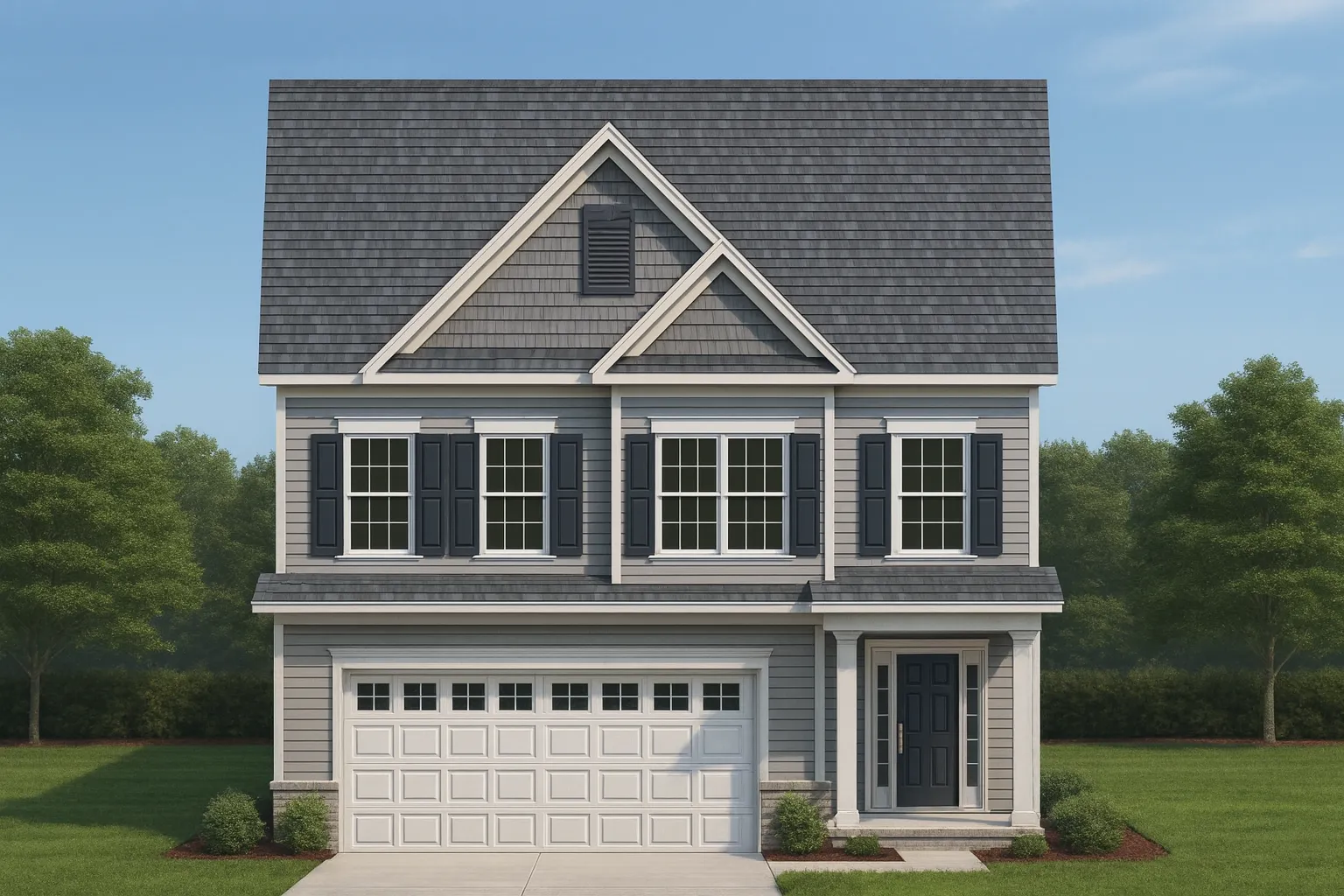 Front elevation of a Traditional Colonial style home featuring horizontal siding, shingle gable detailing, red shutters, and a two-car garage beneath symmetrical upper windows.