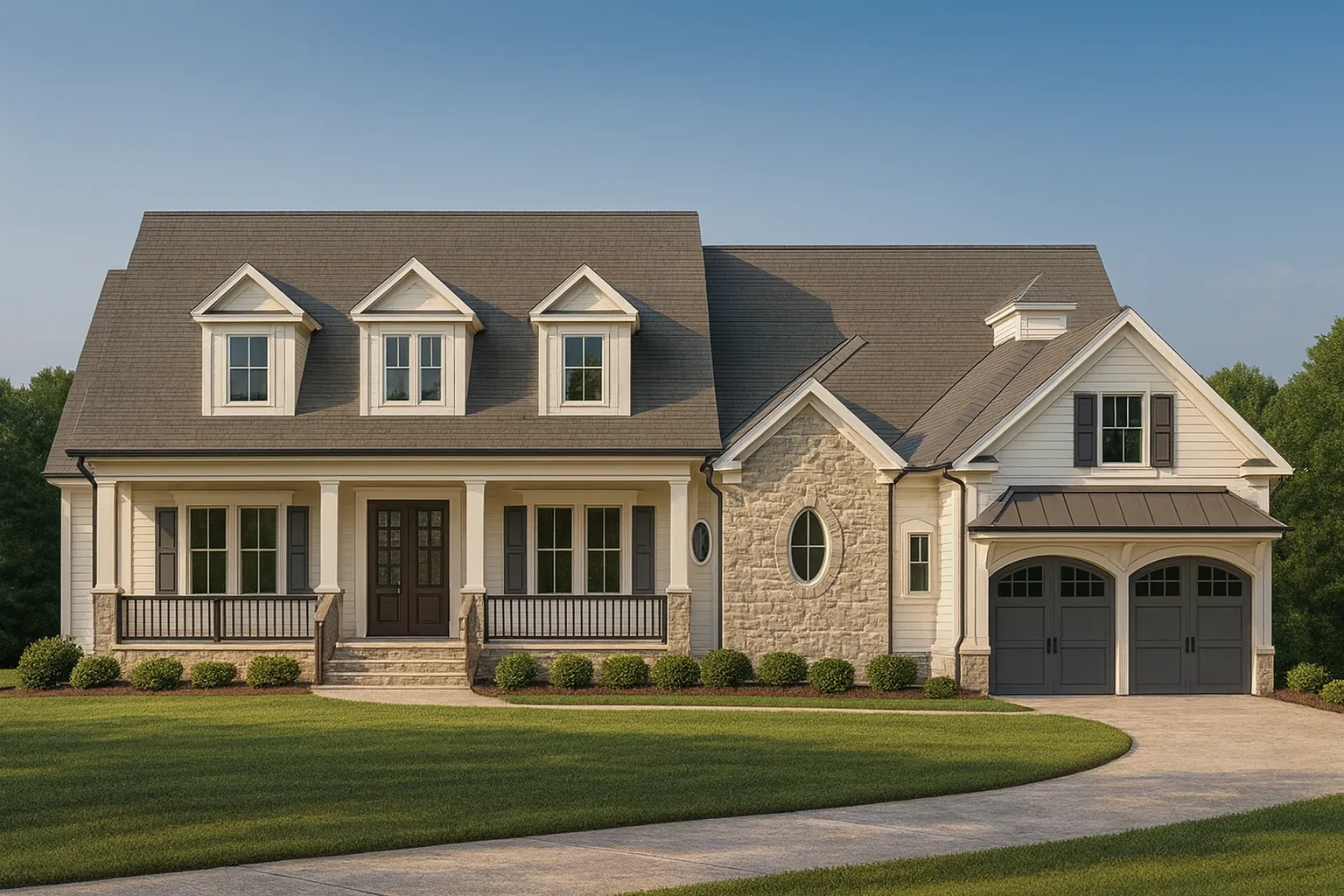 Front view of a Traditional Farmhouse style home featuring horizontal siding, stone accents, gabled dormers, and a welcoming covered porch entry