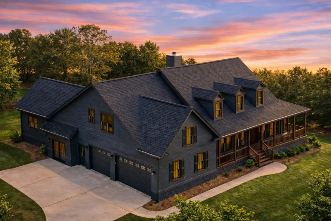 Front elevation of a Cape Cod style home with horizontal lap siding, stone foundation, dormer windows, and a covered front porch