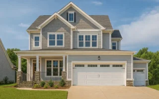 Front exterior view of a Coastal Traditional shingle style home featuring horizontal siding, stone porch columns, covered front porch, and attached garage
