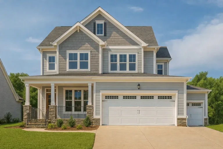 Front exterior view of a Coastal Traditional shingle style home featuring horizontal siding, stone porch columns, covered front porch, and attached garage