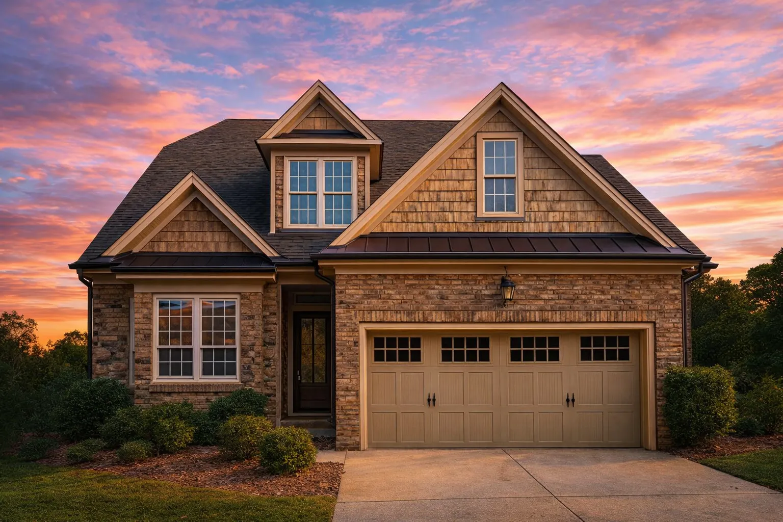Front elevation of Traditional suburban house with brick and stone exterior, shake siding gables, and two-car garage