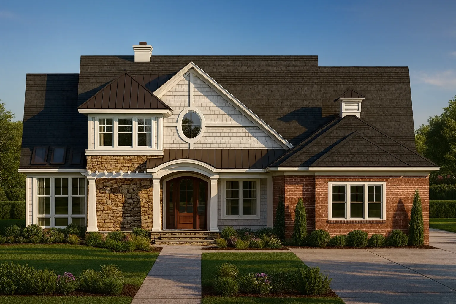 Front elevation of a Transitional Farmhouse home featuring stone accents, board-and-batten siding, gabled rooflines, and classic suburban curb appeal