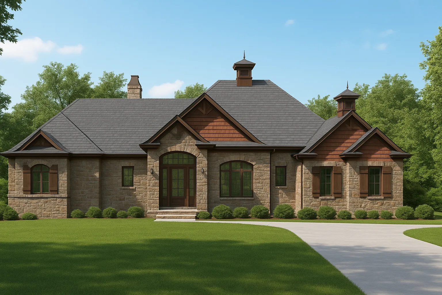 Front exterior of a Traditional Ranch style home with brick and stone façade, wood gable details, arched entry, and low-profile roofline