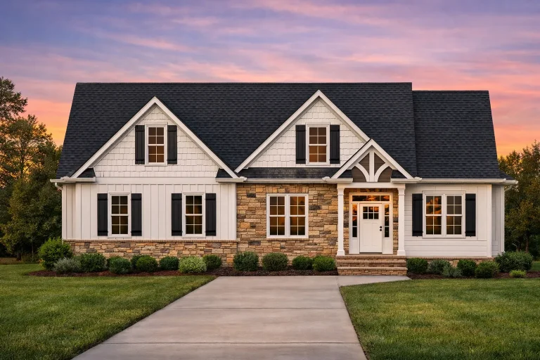 Front view of Craftsman Traditional style home featuring stone veneer, horizontal siding, and shingle accents in gables with covered porch entry