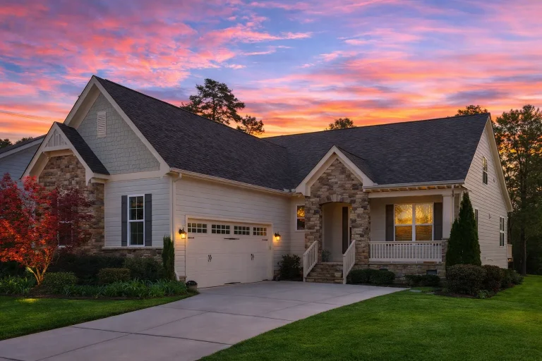 Front elevation of Cottage style house featuring stone and horizontal siding with wood shutters and a welcoming entryway