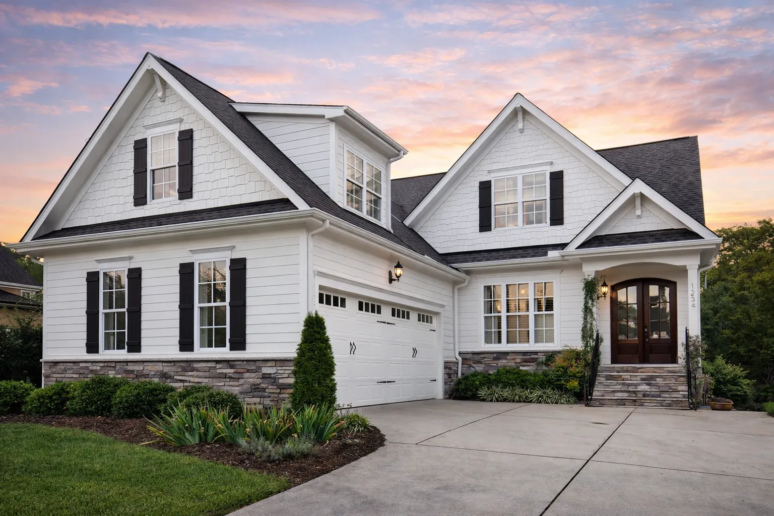 Front elevation of a Transitional Farmhouse home featuring shingle siding, lap siding, stone water table, and black window shutters
