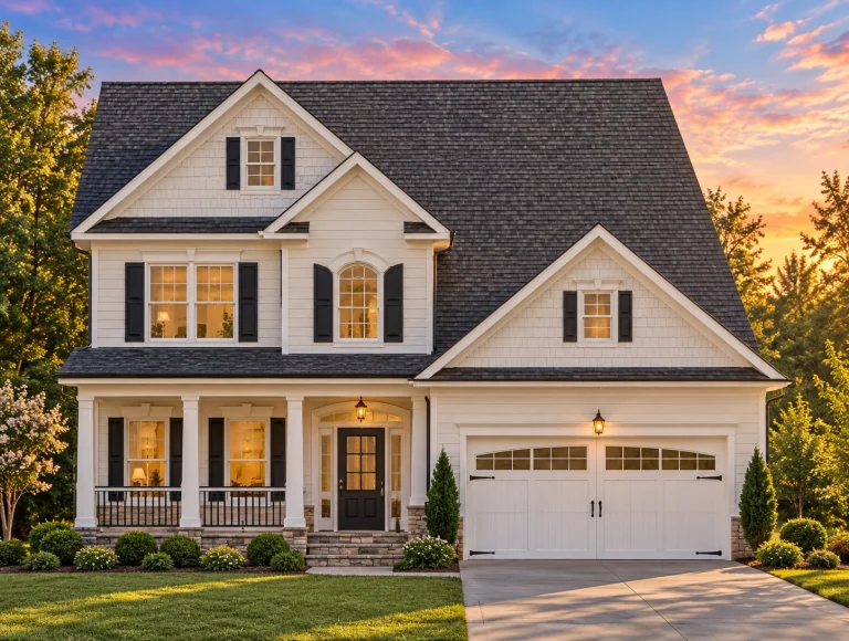 Front view of a Traditional Colonial home featuring beige horizontal siding, stone foundation accents, black shutters, and a welcoming front porch with columns.