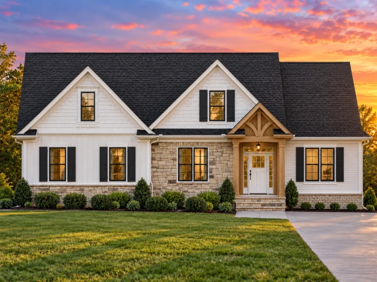 Front view of Craftsman Traditional style home featuring stone veneer, horizontal siding, and shingle accents in gables with covered porch entry
