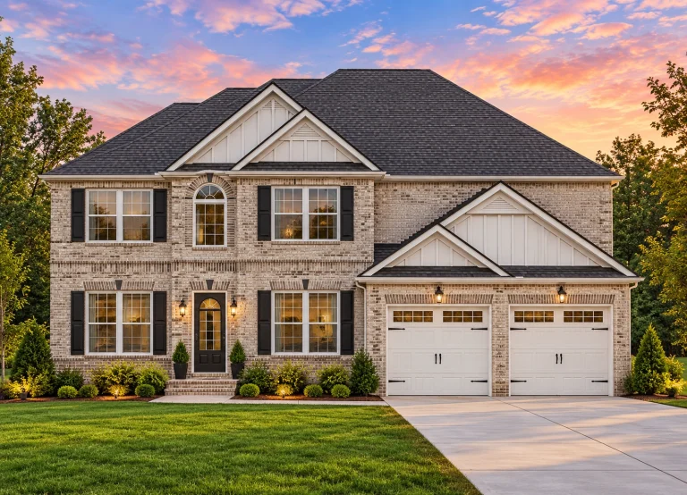 Front elevation of Traditional Colonial style home with red brick exterior, black shutters, gabled roof, and double garage