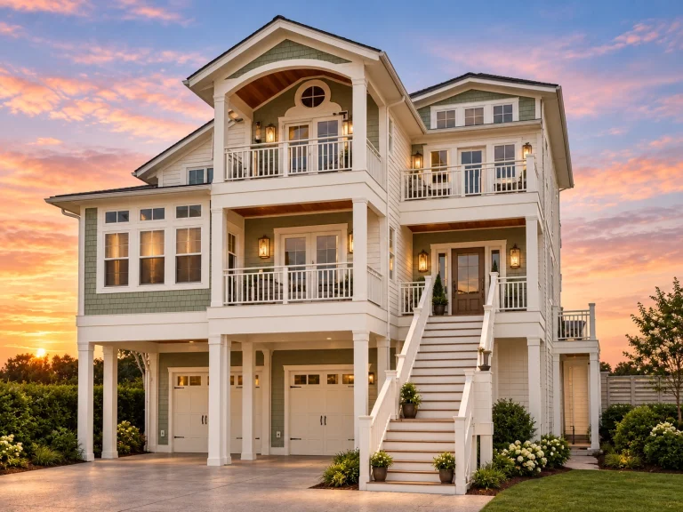 Front elevation of an elevated Coastal Beach House with shingle siding, white trim, stacked covered porches, balconies, and an exterior stair entry