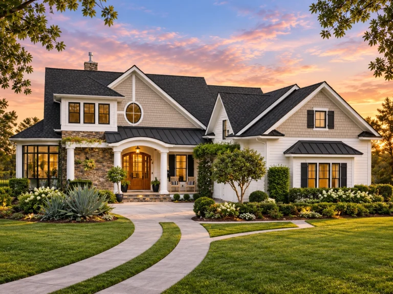 Front elevation of New American Modern Traditional house featuring brick and stone exterior, gabled rooflines, and symmetrical windows