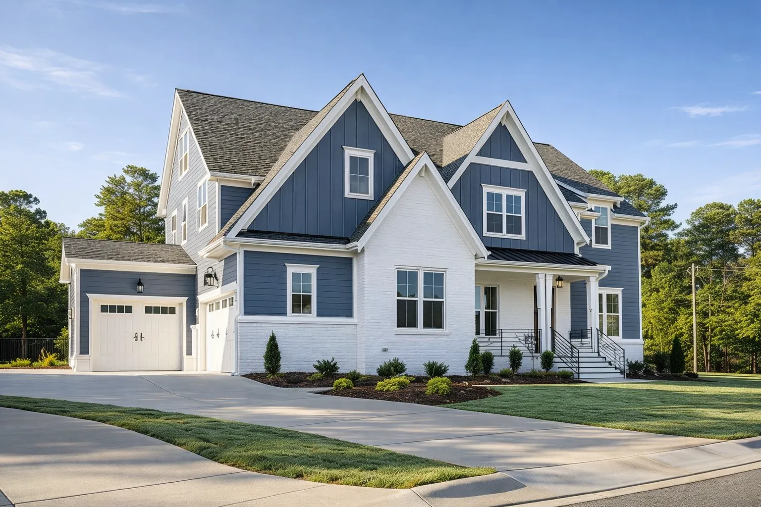 Front elevation of a New American style home with coastal traditional influences, featuring board and batten siding, gabled rooflines, and an attached garage