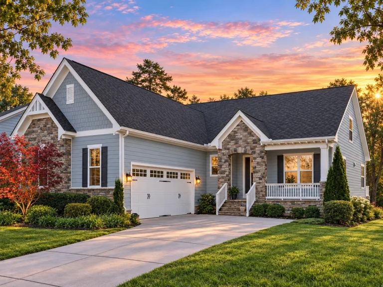 Front elevation of Cottage style house featuring stone and horizontal siding with wood shutters and a welcoming entryway