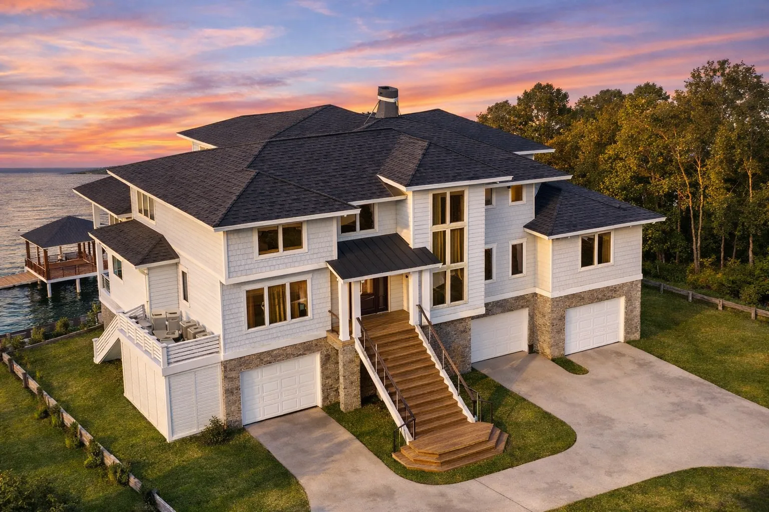 Small House Plans 7 Front exterior of luxury Coastal Beach House with smooth stucco, lap siding accents, multiple garages, and elevated entry staircase