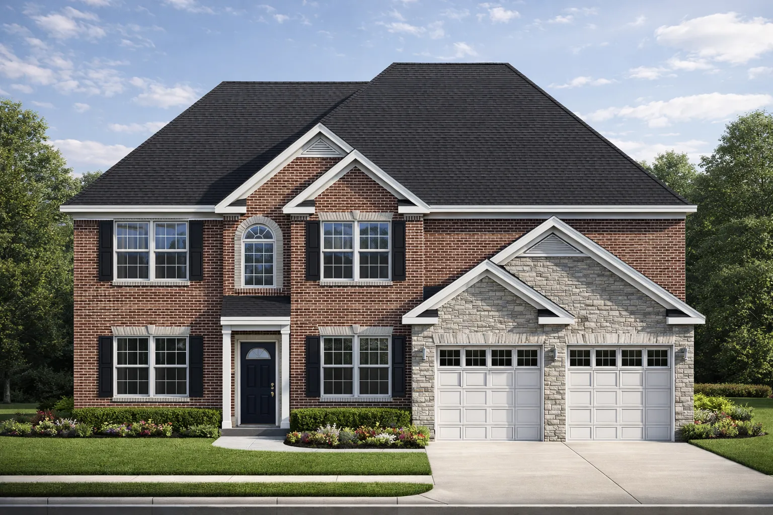 Front elevation of Traditional Colonial style home with red brick exterior, black shutters, gabled roof, and double garage