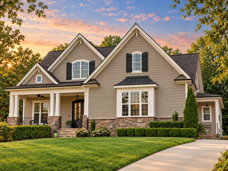 Front elevation of a New American style home with brick and stone exterior, board and batten siding, steep gabled roof, and covered front porch