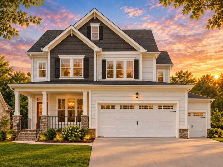 Front exterior view of a Coastal Traditional shingle style home featuring horizontal siding, stone porch columns, covered front porch, and attached garage