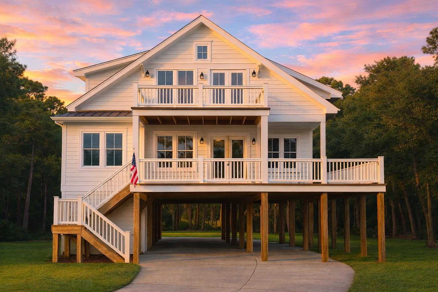 Front view of elevated coastal beach house with horizontal lap siding, double wraparound porches, balcony, and pier foundation