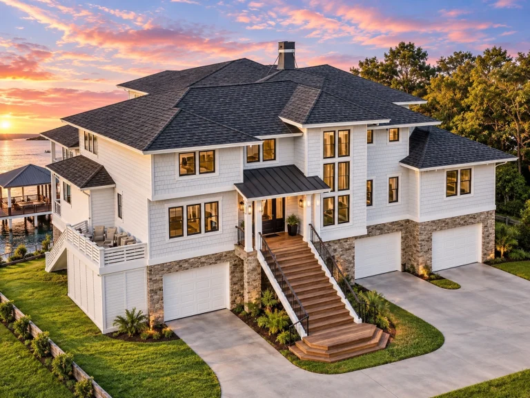 Front exterior of luxury Coastal Beach House with smooth stucco, lap siding accents, multiple garages, and elevated entry staircase