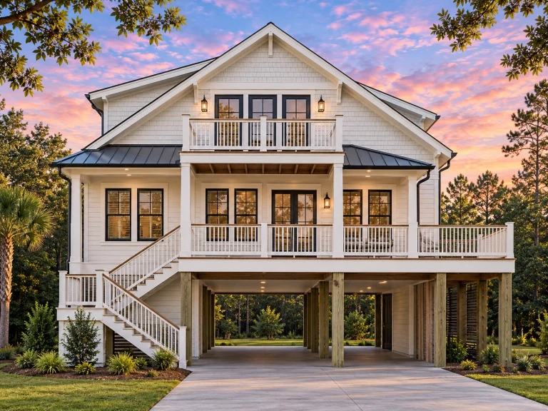 House Plans with Wraparound Porch 25 Front view of elevated coastal beach house with horizontal lap siding, double wraparound porches, balcony, and pier foundation