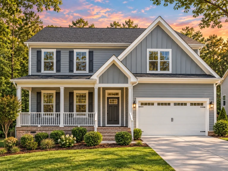 Modern Suburban House Plans 24 Front view of a two-story Traditional Farmhouse featuring Craftsman detailing, blue horizontal siding with board and batten accents, white trim, and a welcoming covered front porch